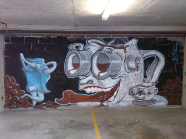Mural of a surreal coffee pot face with spilling mug eyes alongside a walking blue milk carton on a cinderblock wall