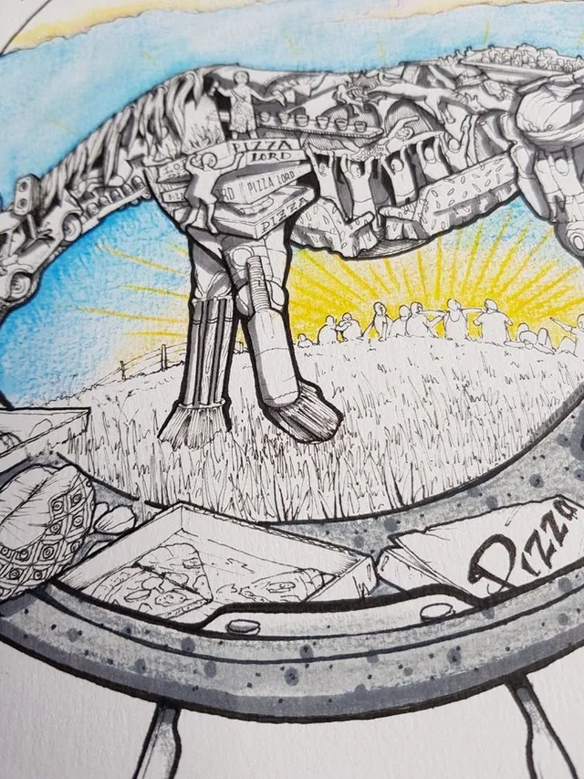 Ink drawing of a surreal horse composed of tiny figures and pizza boxes stepping through a sunlit grassy field