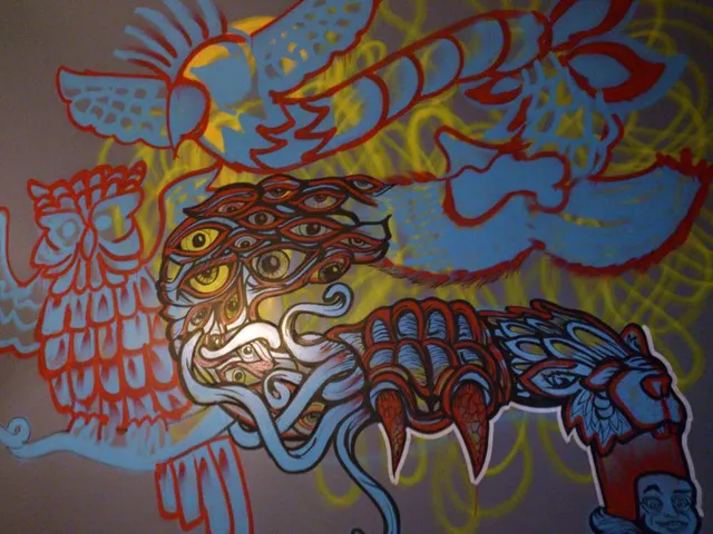 Psychedelic mural of an owl, a flying bird, and a central creature made of multiple eyes, tentacles, and a large claw