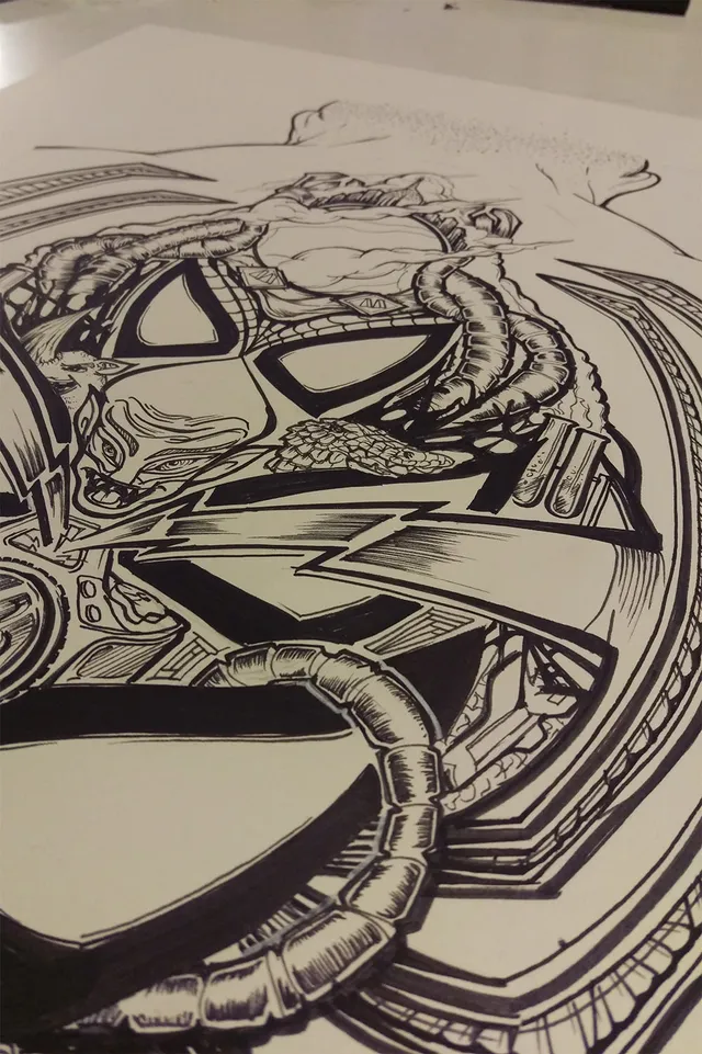 Black ink drawing of a stylized Spider-Man mask intertwined with mechanical tentacles and a small goblin face