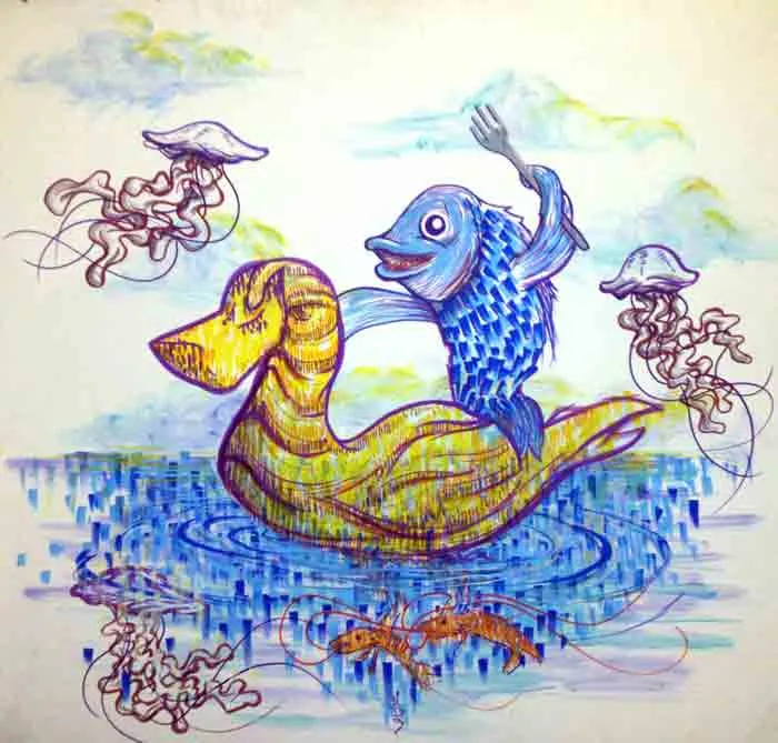 Psychedelic illustration of a happy blue fish with a fork riding a yellow duck, with jellyfish and shrimp