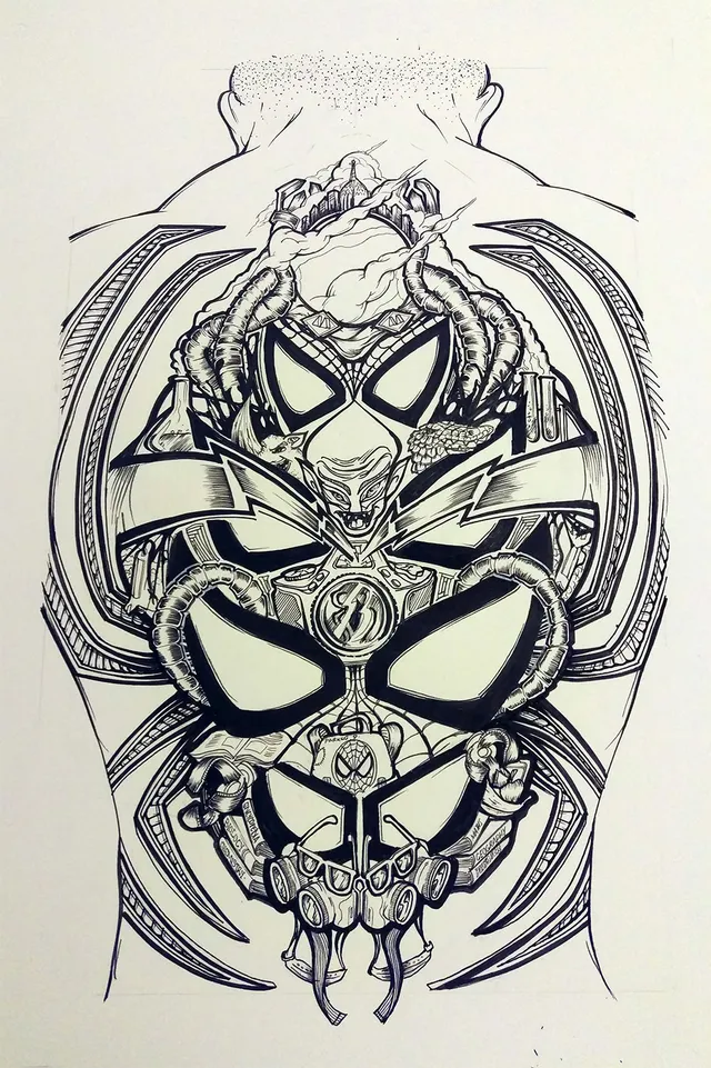 Bold black ink drawing on a back outline showing a symmetrical stack of Spider-Man masks and mechanical tentacles