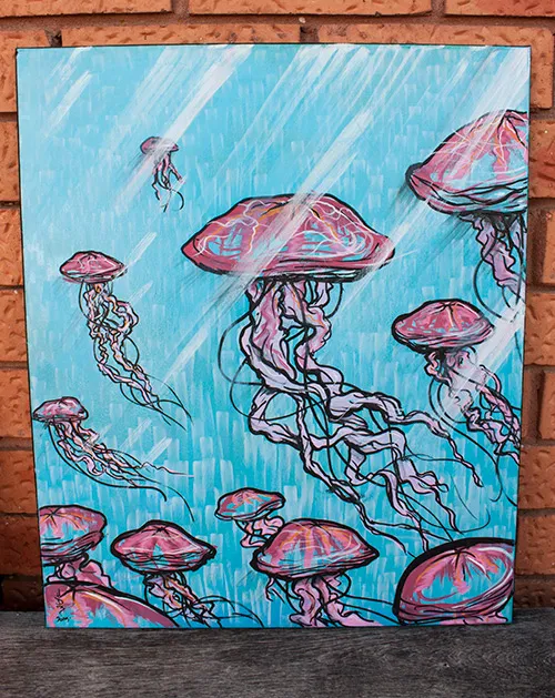 Painting of pink jellyfish with bold linework floating in blue water beneath diagonal white sunbeams