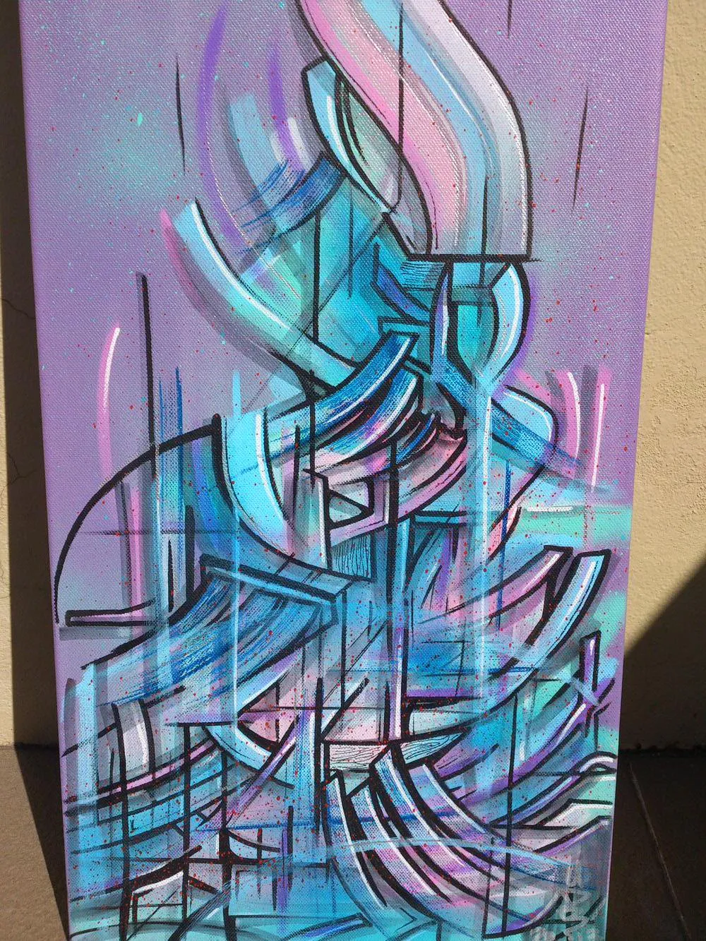 Abstract canvas painting of a geometric tower formed by bold blue, pink, and black strokes over a purple background