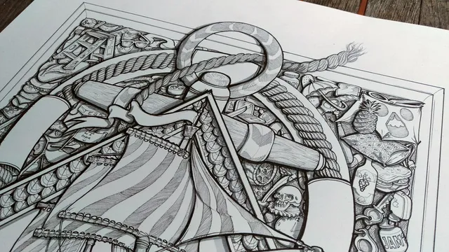 Smooth sailing close up of surreal hand drawn original artwork on paper with black and white ink