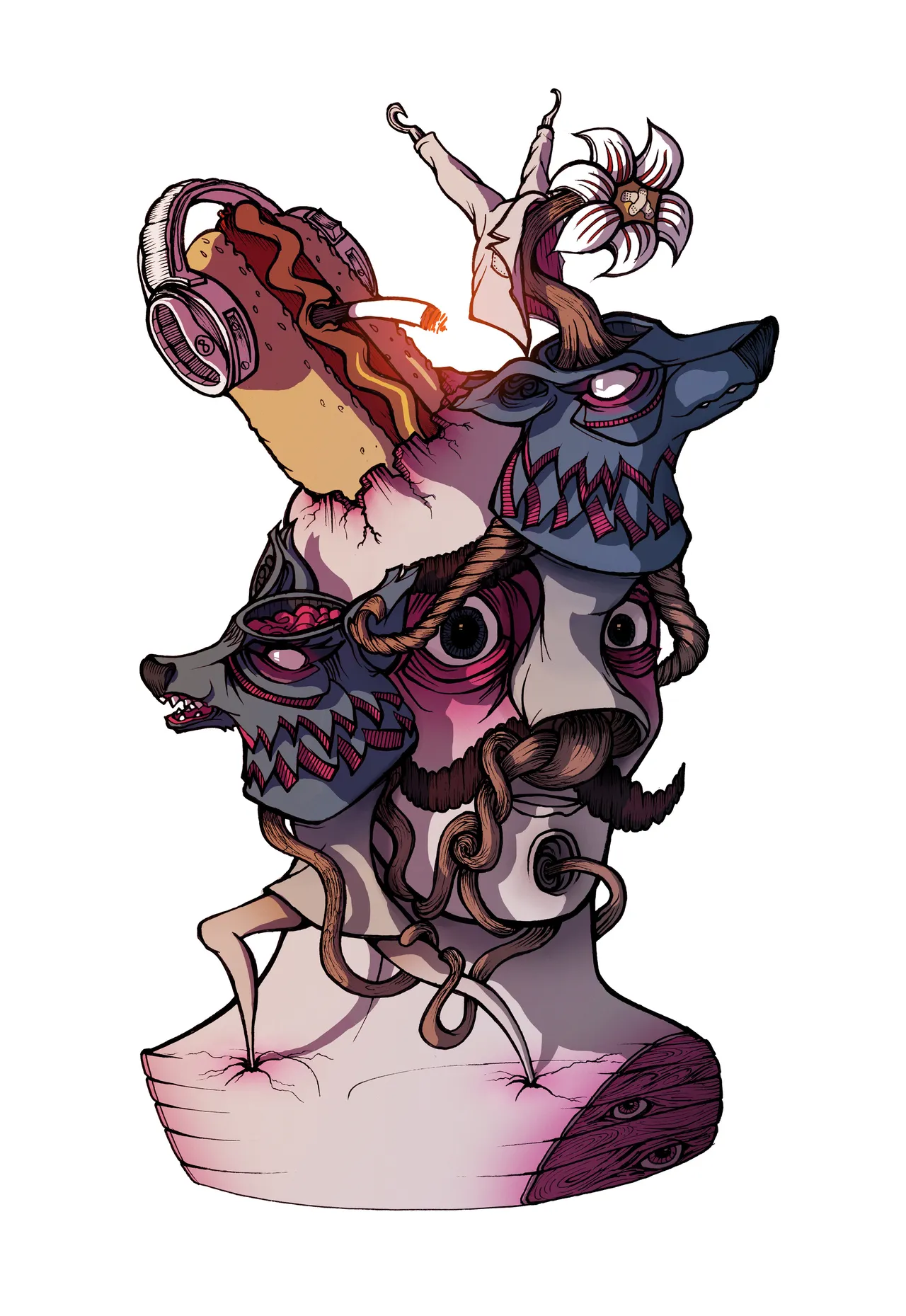 Surreal illustration of a bust composed of bulging eyes, wolf masks, tentacles, and a hot dog wearing headphones
