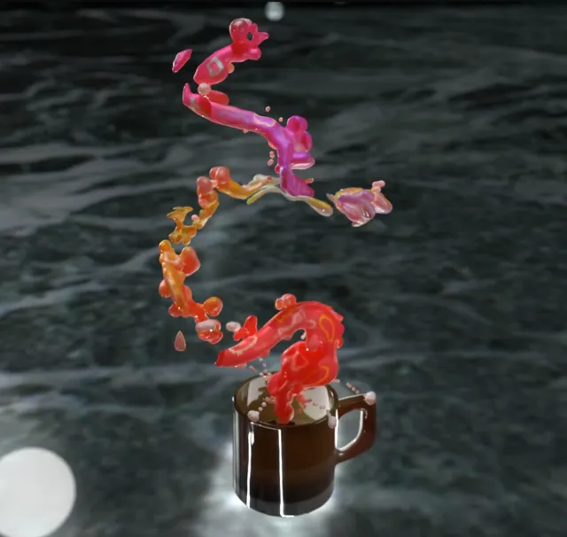 3D render of psychedelic pink and orange liquid spiraling out of a brown mug over a dark rippled water background