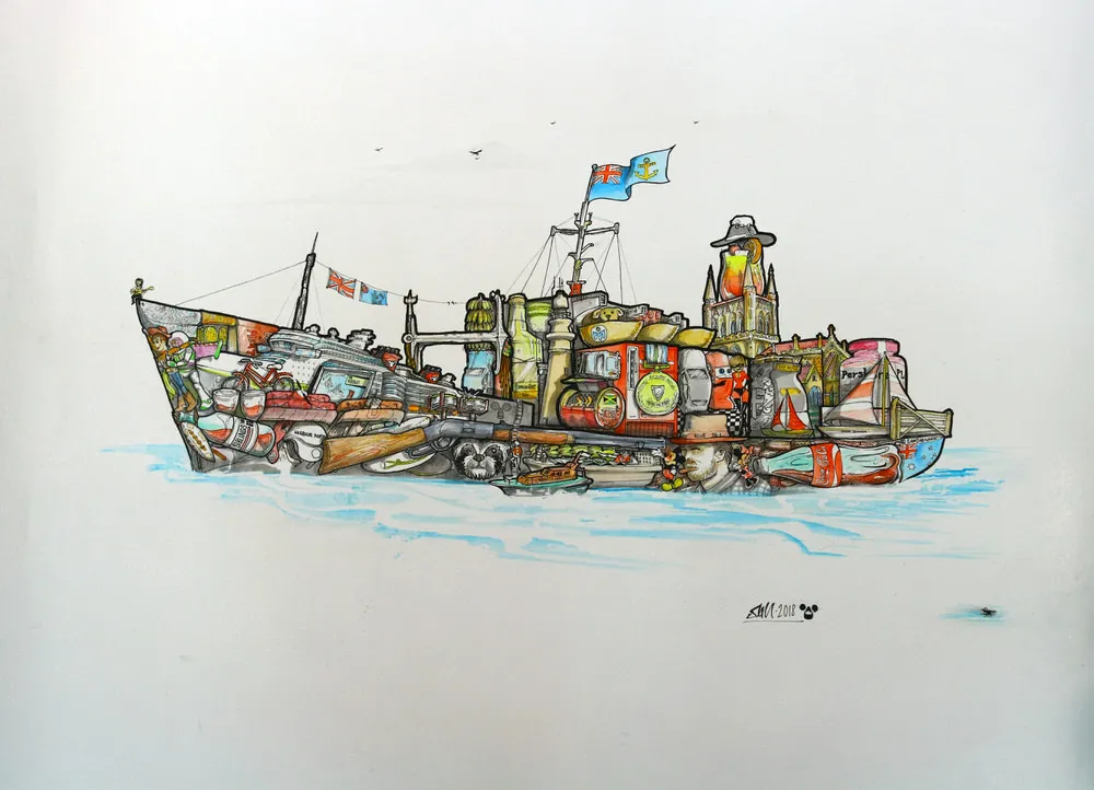 Ink drawing of a ship on water, its form constructed entirely from a dense collage of assorted objects and buildings