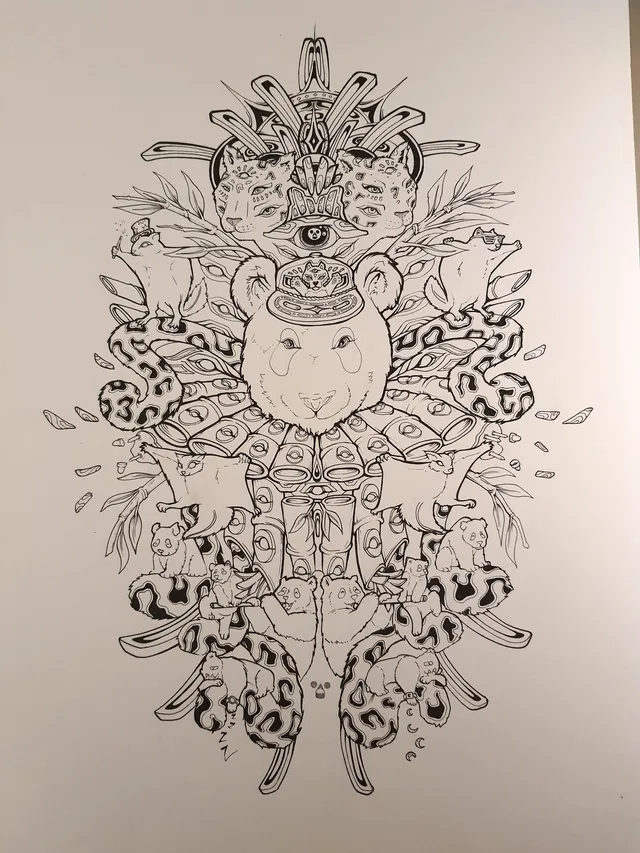Symmetrical ink drawing of a totemic panda shaman surrounded by multi-eyed felines, smaller bears and bamboo