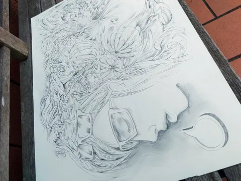 Pencil drawing of a face in profile with glasses and intricate, swirling psychedelic line work forming the hair
