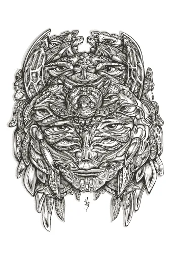 Black ink drawing of a symmetrical psychedelic totemic mask featuring multiple eyes and intricate bold line work