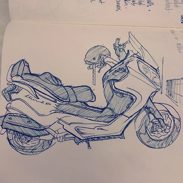 Blue ink sketchbook drawing of a large scooter with a helmet on the handlebars