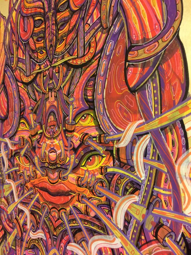 Psychedelic illustration of a symmetrical multi-eyed face interwoven with tentacles and projecting tubes