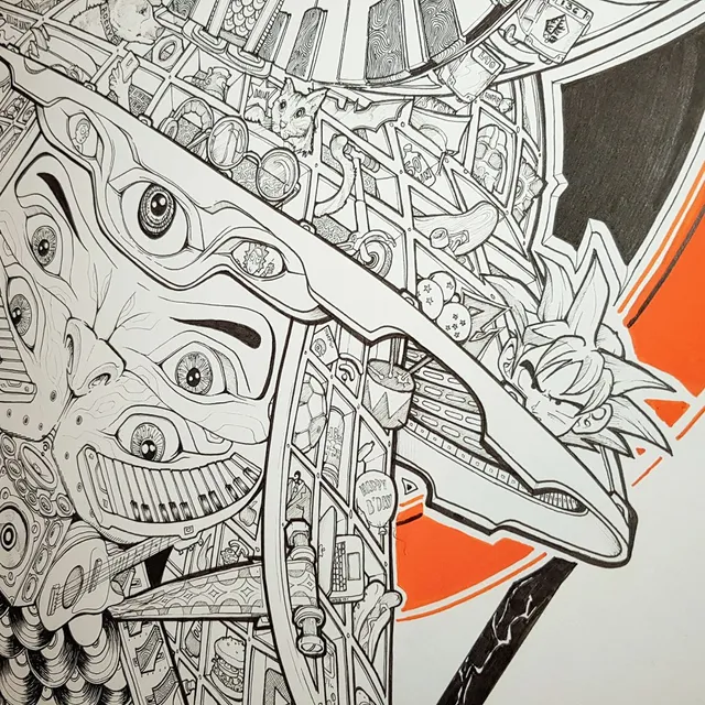 Dense ink drawing of a surreal multi-eyed face with piano teeth beside a grid of pop culture and birthday doodles