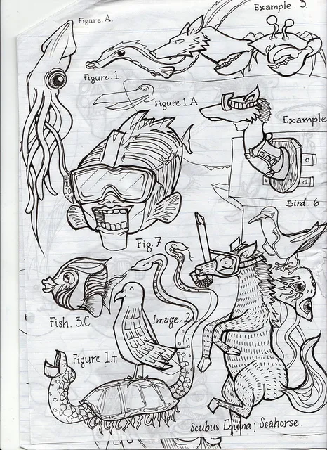 Ink sketch on lined paper of surreal animal hybrids with scientific labels, including a scuba-diving seahorse