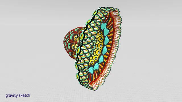 3D VR sculpt of a psychedelic crown featuring layered scales and eye motifs in vibrant teal, yellow, and red