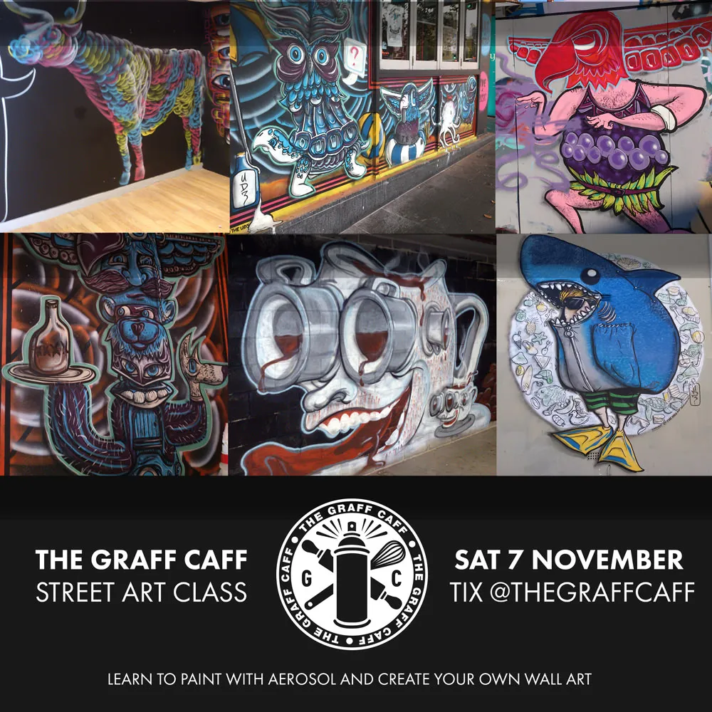 Promotional flyer for a street art class, showcasing six vibrant, psychedelic murals and a 3D painted deer
