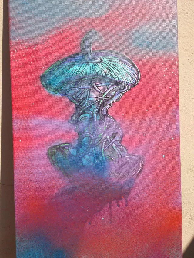 Psychedelic canvas painting of an apple core formed by tangled vines on a starry pink and blue gradient
