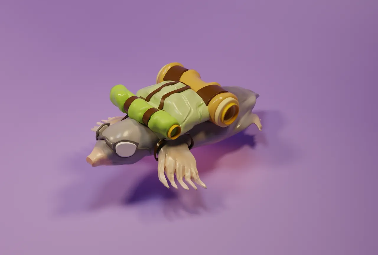 3D render of a stylized mole wearing goggles and a camping backpack on a purple background