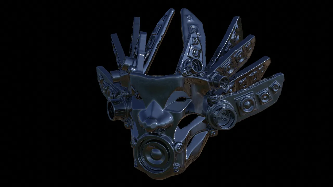 3D render of a glossy black cybernetic totemic mask with a speaker mouth and radiating headdress