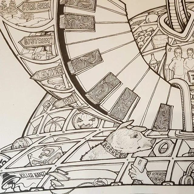 Intricate ink drawing of a compartmentalized structure containing personalized signs, assorted items and a dog named Rocky
