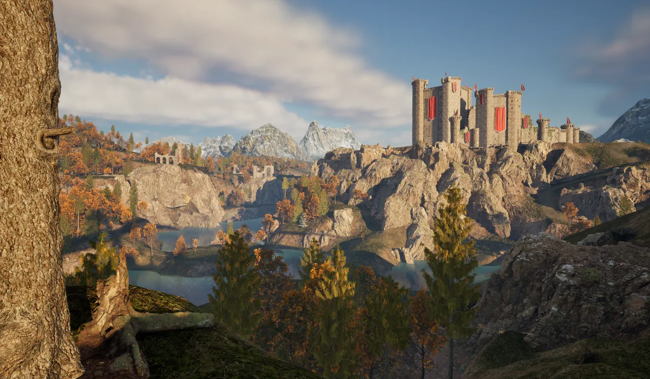 3D render of a stone castle with red banners on a rocky cliff above an autumn river valley and snowy mountains