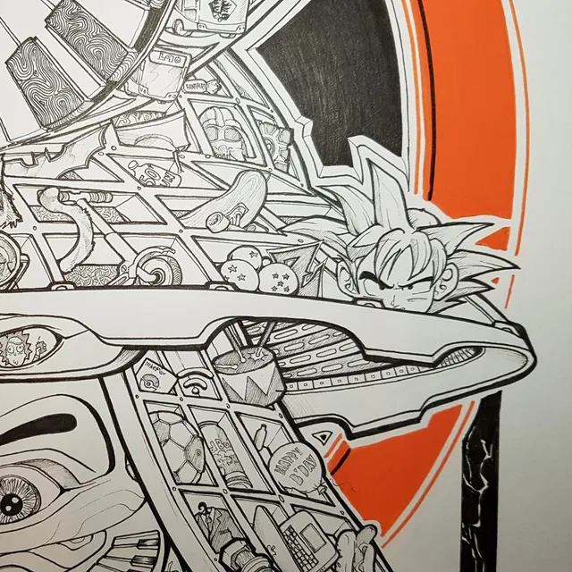 Intricate ink drawing detail showing a dense grid of pop culture references like Goku and a Happy B'Day balloon