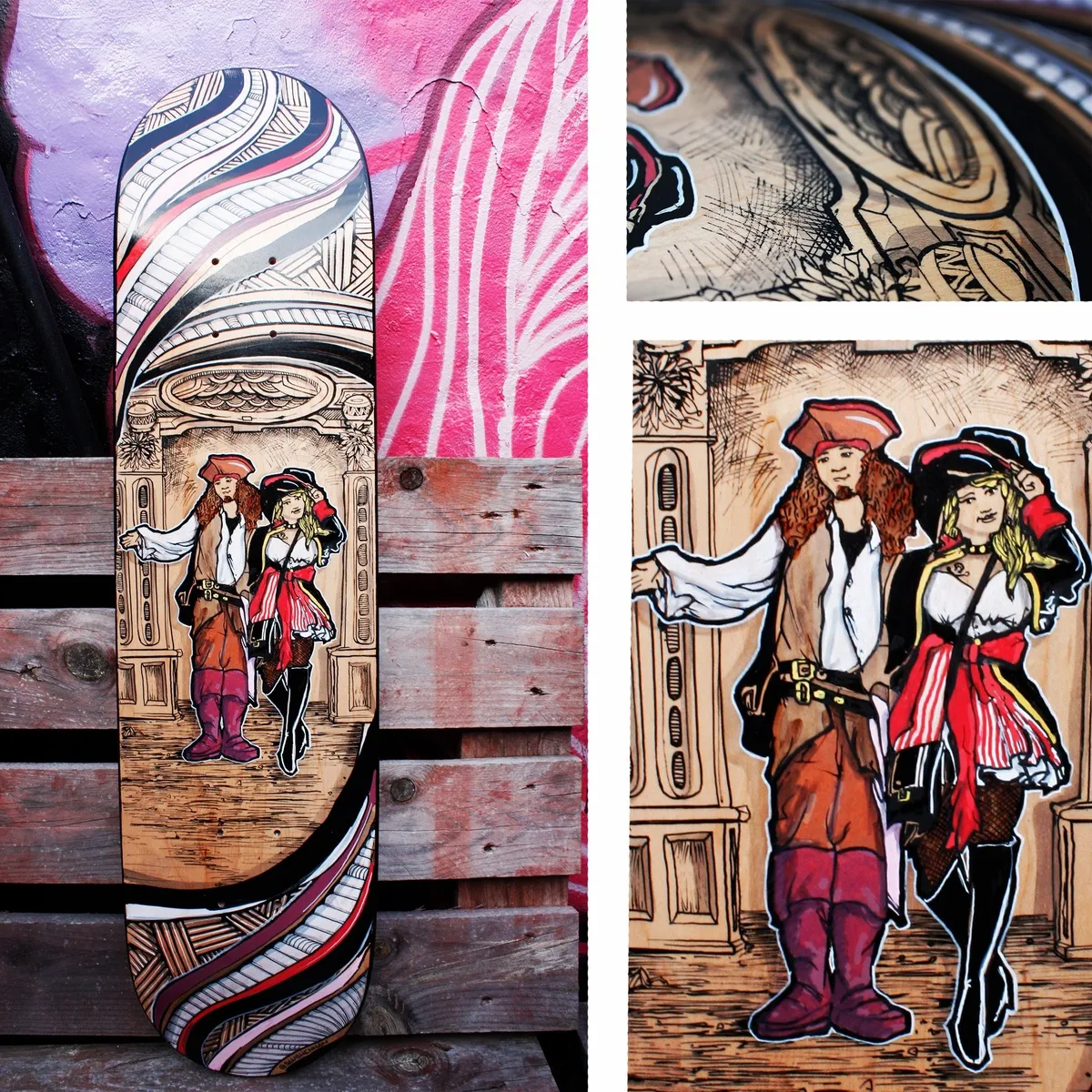 Hand-painted skateboard deck featuring two pirates in an archway bordered by bold abstract swirling line patterns