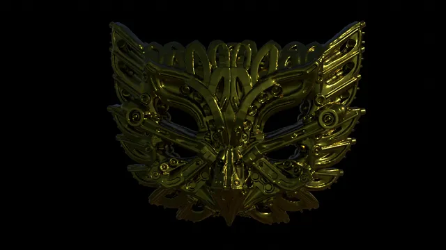 3D render of a metallic gold cyber owl mask with symmetrical mechanical details on a black background