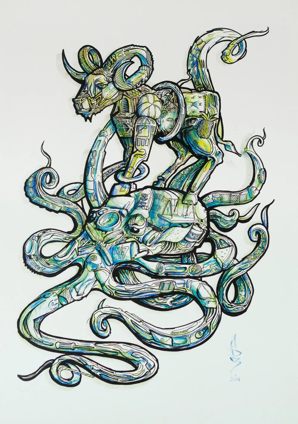 Detailed ink illustration of a biomechanical ram atop an octopus with psychedelic blue and green patterns