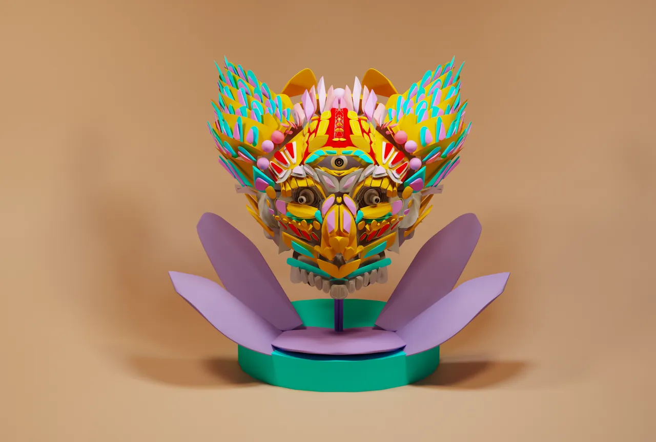 3D render of a vibrant, symmetrical three-eyed totemic mask with layered geometric shapes on a purple floral stand