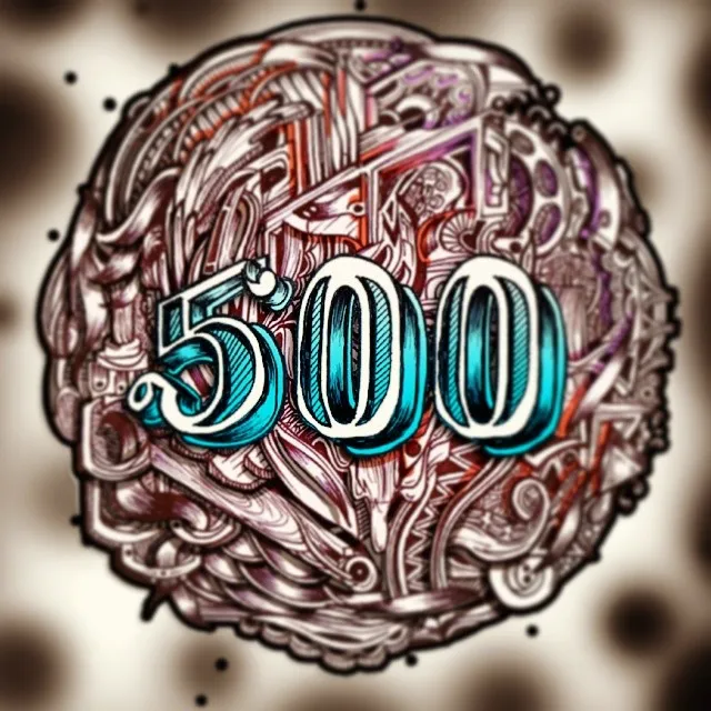 The number 500 in bold cyan 3D lettering over a circular illustration of intricate psychedelic line work