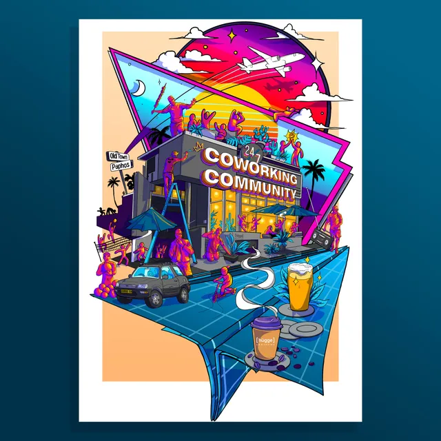 Vibrant illustration of a 24/7 coworking community building bustling with neon figures, vehicles, and large drinks