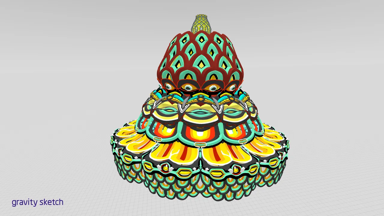 3D VR sculpt of a symmetrical, tiered psychedelic totem with repeating eye, mouth, and scale motifs
