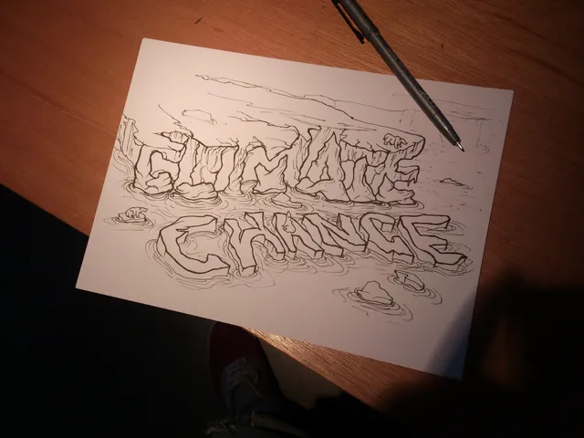 Ink sketch on paper spelling Climate Change in bold letters shaped like melting icebergs with tiny polar bears