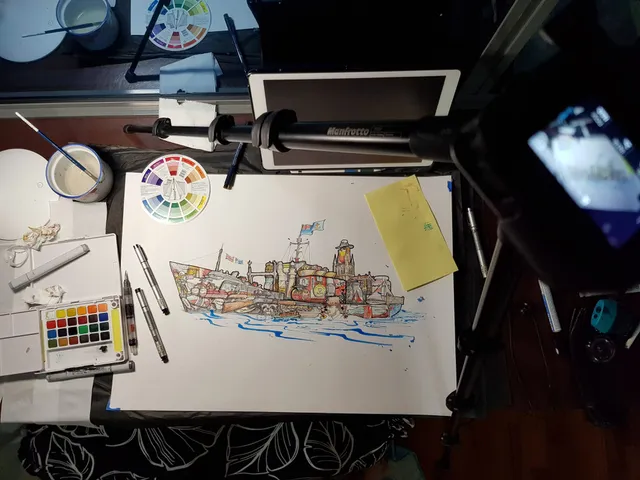 Ink and watercolor illustration of a ship on a desk with a paint palette, pens, and a camera on a tripod