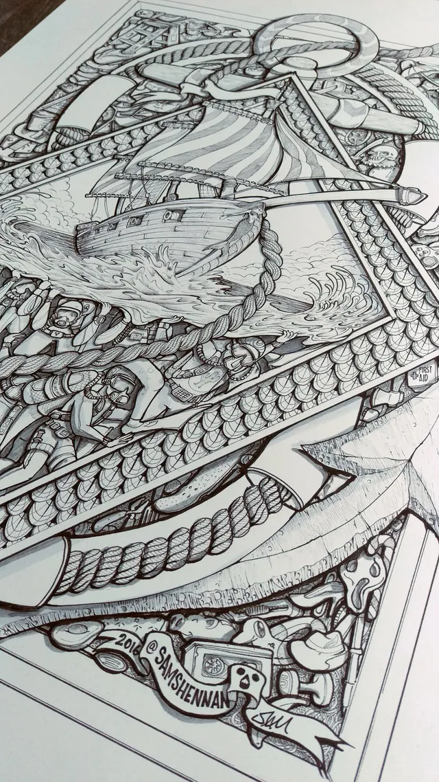 close up of surreal ink hand made original drawing