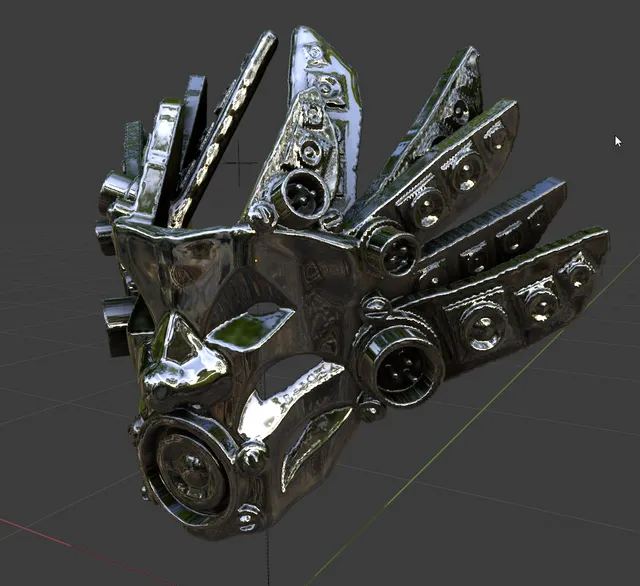 3D model of a dark, reflective metallic totemic mask featuring embedded speakers and audio jacks