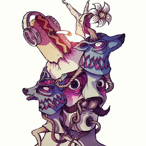 Psychedelic illustration of a surreal head with wolf masks, tentacles, and a smoking hot dog emerging from its skull