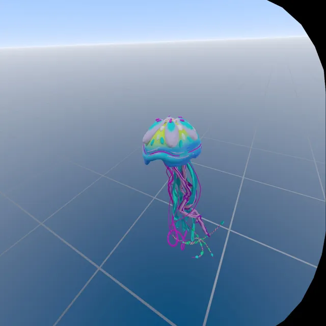 3D VR sculpture of a brightly colored psychedelic jellyfish floating above a gridded plane