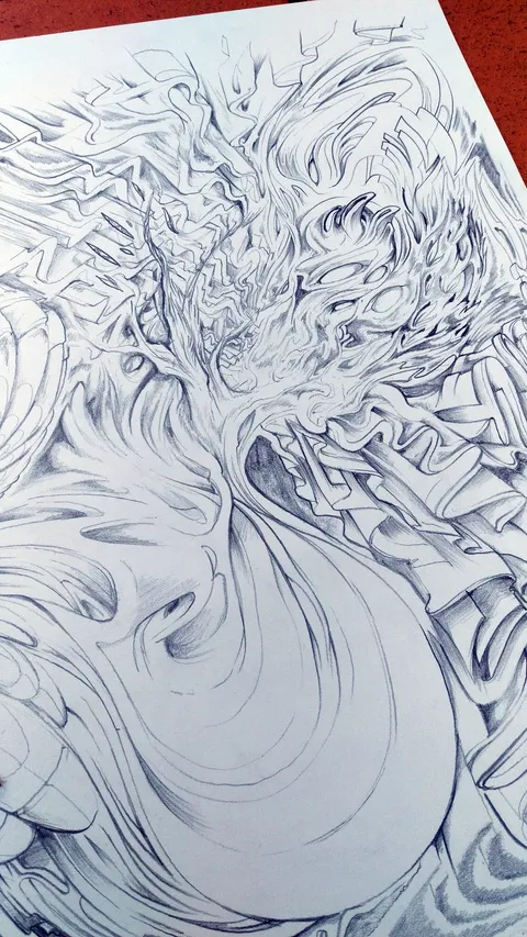 Abstract line drawing featuring intricate swirling organic shapes and fluid psychedelic patterns