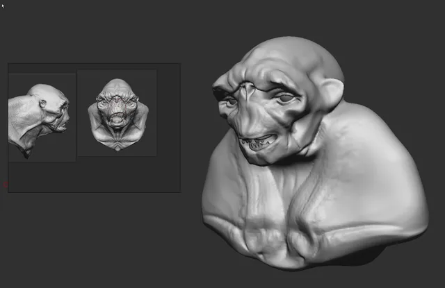 3D sculpt of a merchant bust with a prominent brow and sparse teeth, shown in 3/4 view with front and profile insets