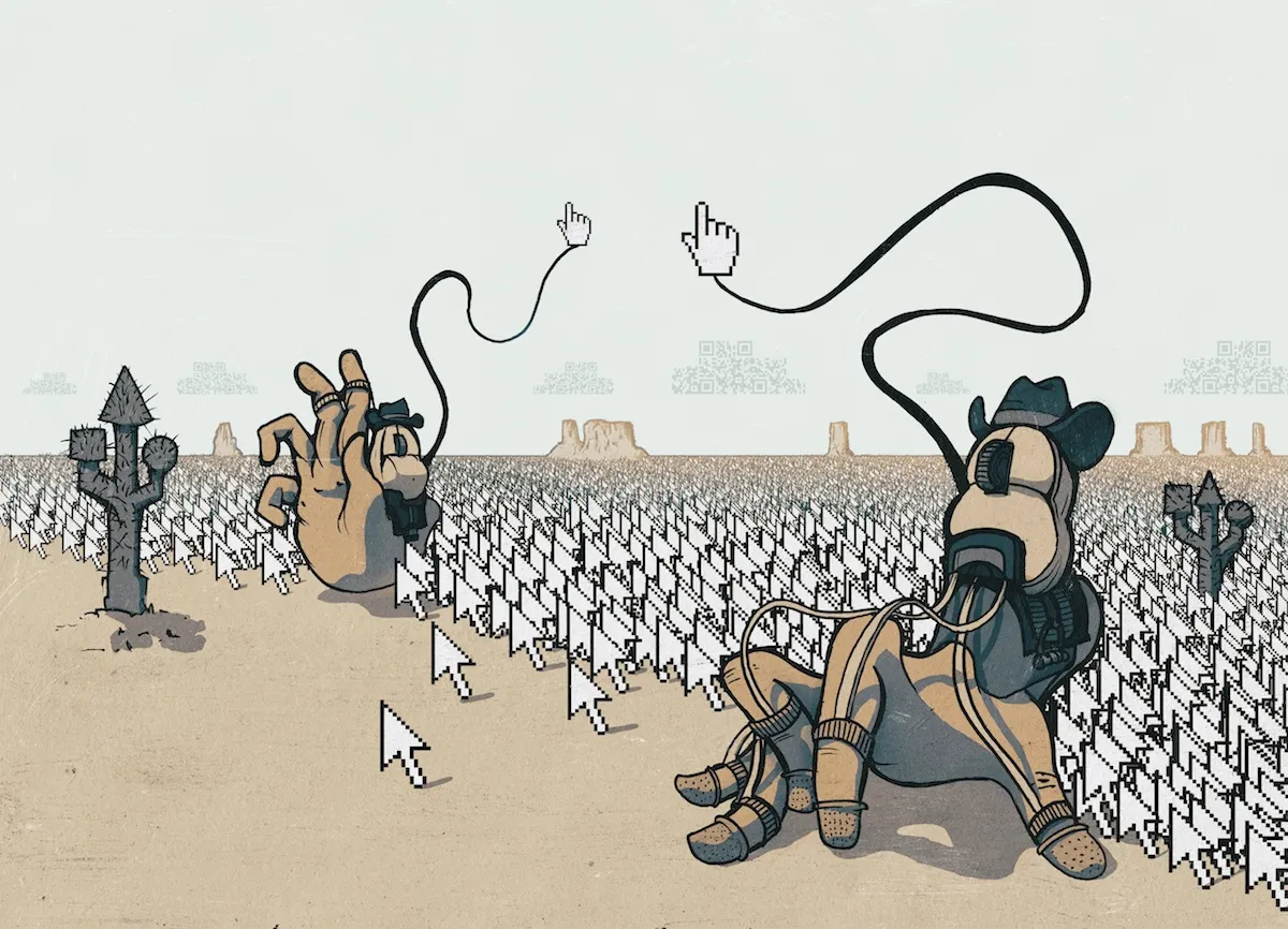 Surreal illustration of hands dressed as cowboys in a desert of mouse cursors, throwing pixel hand lassos