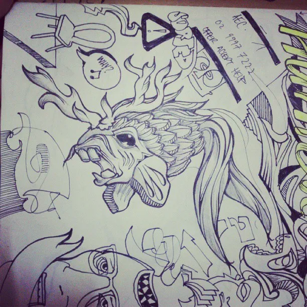 Bold ink sketch of a surreal antlered creature surrounded by doodles, faces and handwritten notes