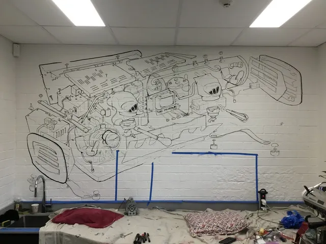 In-progress mural of an exploded view espresso machine diagram drawn in black lines on a white brick wall