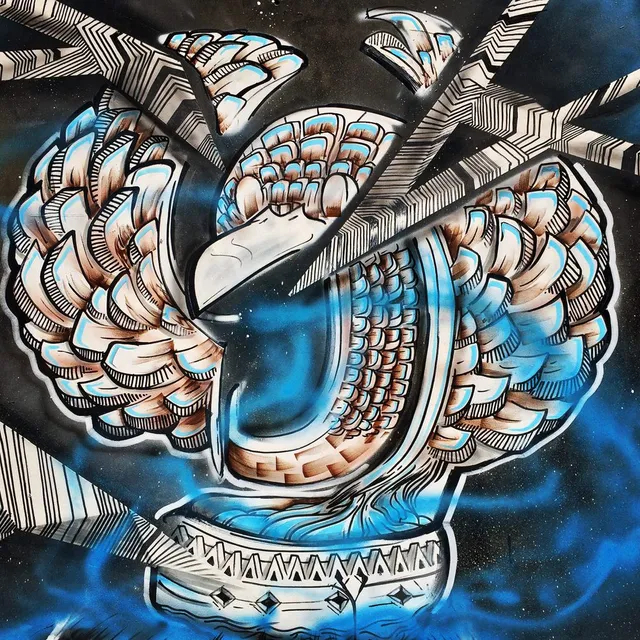 Mural of a fragmented, totemic bird with bold linework, stylized feathers and a glowing blue cosmic background