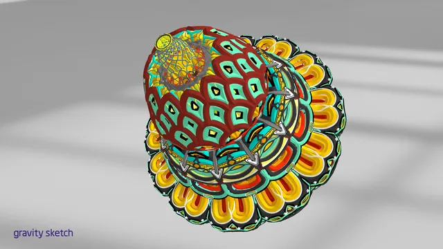 3D render of a symmetrical psychedelic crown featuring red and teal geometric scales above layered yellow scalloped edges