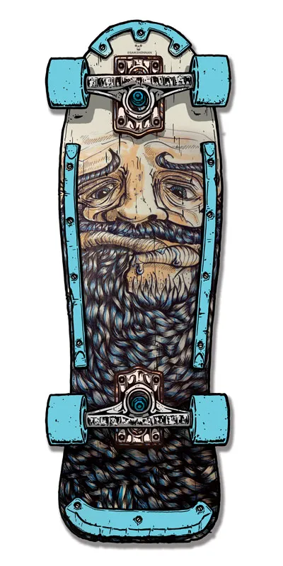 Painted skateboard featuring a bold illustration of a weary man with a massive, intricate braided beard