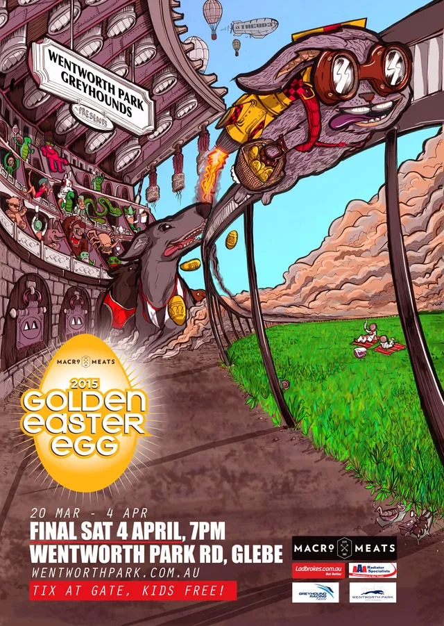 Illustrated poster showing greyhounds chasing a jetpack-wearing rabbit on a track past a crowded grandstand