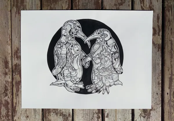 Ink drawing of two penguins holding flippers, bodies filled with intricate hidden objects, set against a black circle